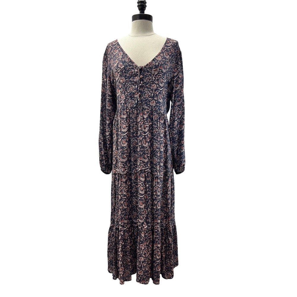 Faherty Isabella Maxi Dress Women Large Navy Rose Excellent Tiered Boho Paisley - Picture 5 of 10